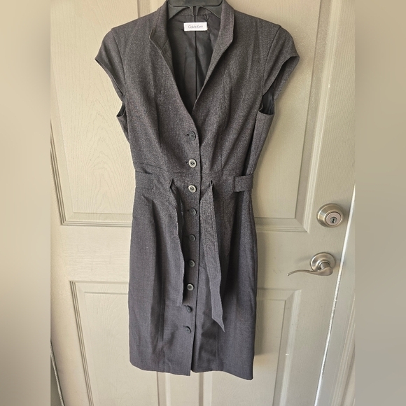 Calvin Klein Dress Sz S Gray Button Down Tie Waist Belted Midi Sleeveless - Picture 7 of 12